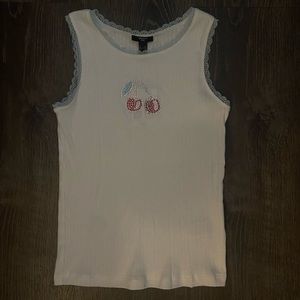 Forever 21 white tank top with a teal lace trim & rhinestone cherries
